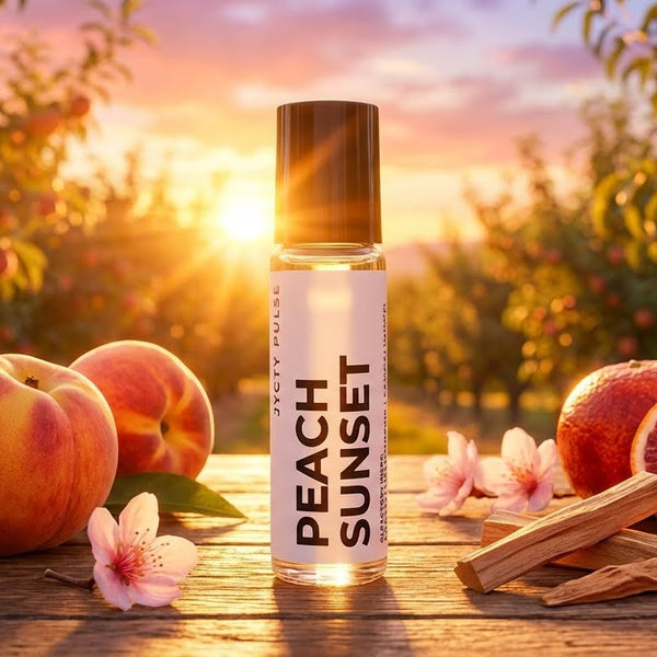 Perfume oil bottle labeled 'Peach Sunset' with peaches and flowers in an orchard setting