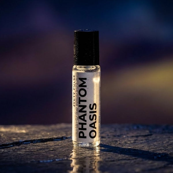Small perfume oil bottle labeled 'Phantom Oasis' on a reflective surface with a dark background