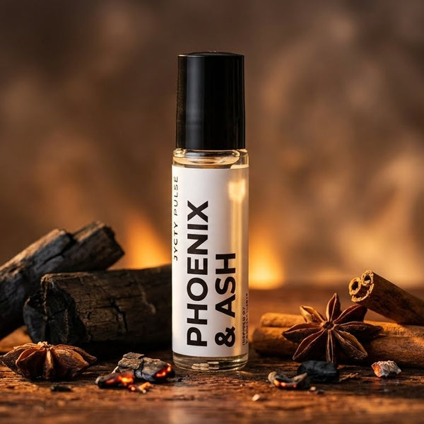 Roll-on bottle labeled 'Phoenix & Ash' with wooden elements on a warm-toned background