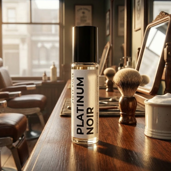 Platinum Noir roll-on cologne bottle on a barbershop counter with chairs and mirrors in the background
