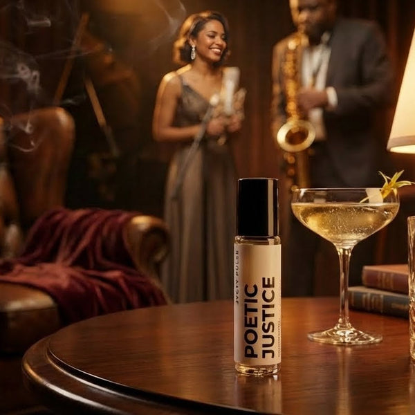 Gentleman holding a saxophone in a dimly lit room with a woman and a bottle of 'Genetic Justice' on a table.