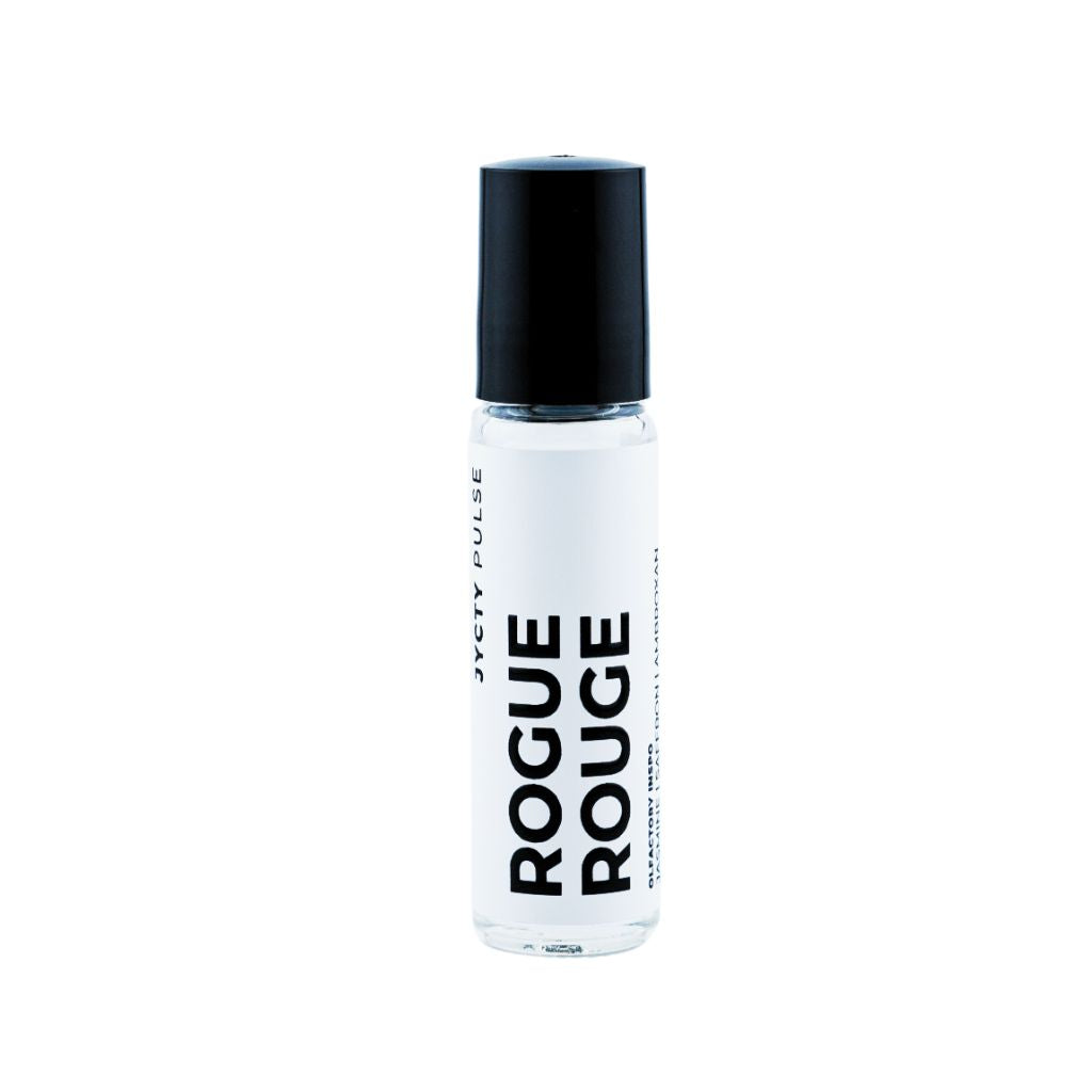 Roll-on bottle labeled 'Rogue Rouge' long-lasting perfume oil