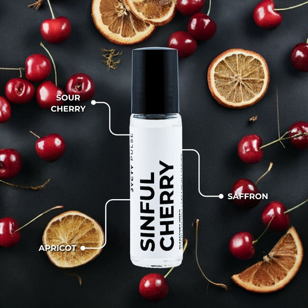 SINULF Cherry bottle with sour cherry, saffron, and apricot elements on a dark background