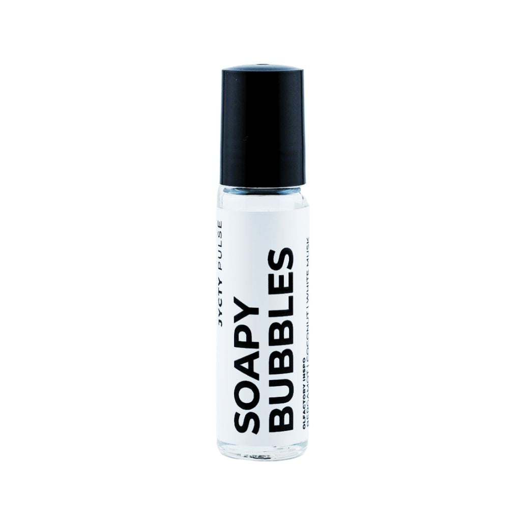 Bottle labeled 'Soapy Bubbles' with a black cap on a white background
