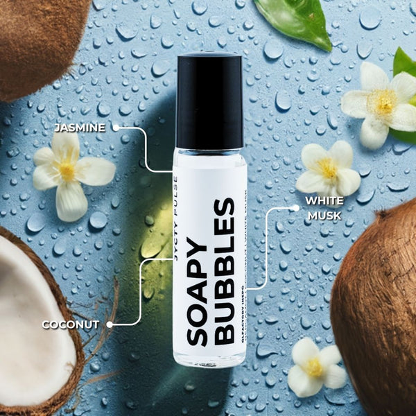 Roll-on bottle labeled 'Soapy Bubbles' with coconut, flowers, and water droplets on a blue background