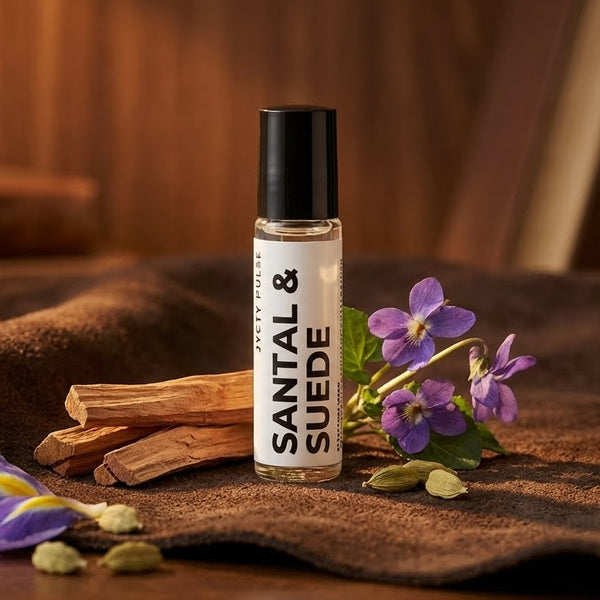 Santal & Suede rollerball with cinnamon sticks and flowers on a brown fabric background