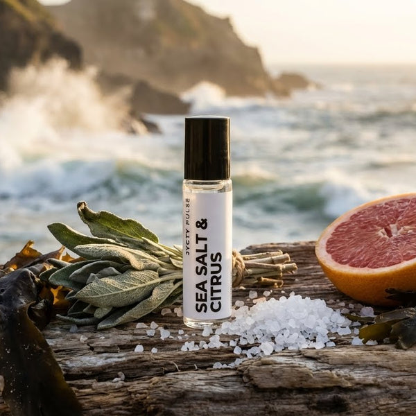 Sea Salt & Citrus product with grapefruits and seaweed on a wooden surface by the ocean.