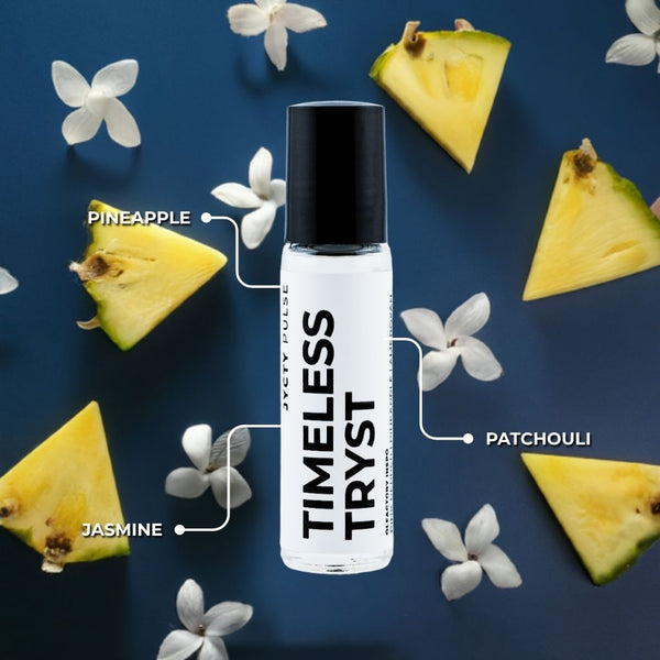 Timeless Tryst perfume bottle with pineapple, jasmine, and patchouli elements on a blue background