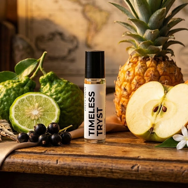 Timeless Trust rollerball with a pineapple, lime, and apples on a wooden surface. long lasting vegan oil by JYCTY perfumery