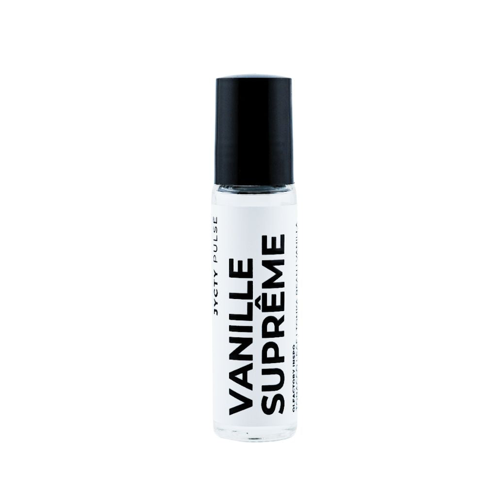 Vanille Supreme perfume bottle with black cap on a white background