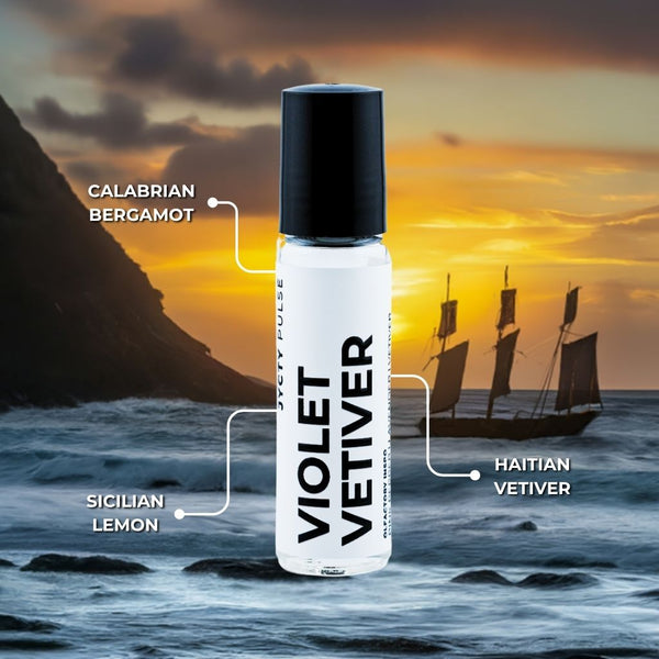 Violet Vetiver bottle with sailing ships and sunset background