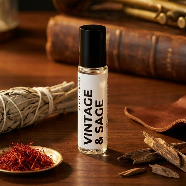 Vintage & Sage rollerball bottle on a wooden surface with sage and other herbs. long lasting and vegan perfume oil by JYCTY