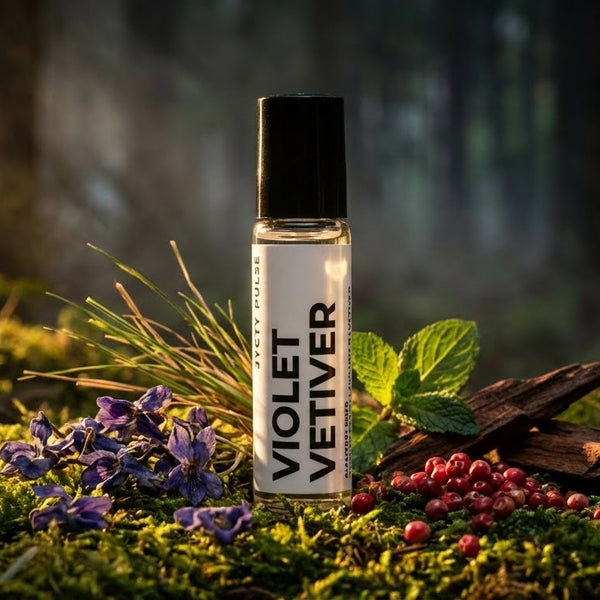 Perfume oil bottle labeled 'Violet Vetiver' surrounded by natural elements like flowers and leaves on a forest floor. Long lasting vegan oil for men