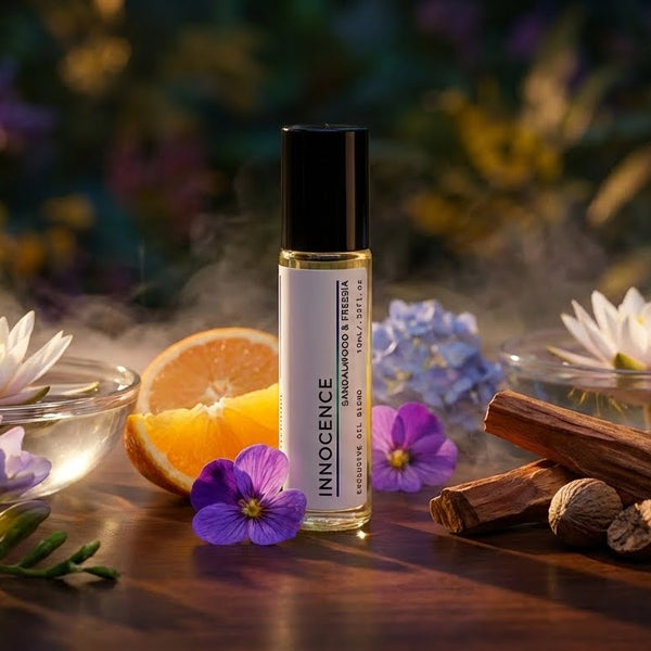 Roll-on bottle labeled 'Indulgence' surrounded by flowers and cinnamon sticks on a wooden surface.