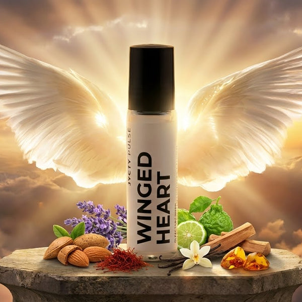 Winged Heart perfume oil with wings and natural elements against a sunset sky