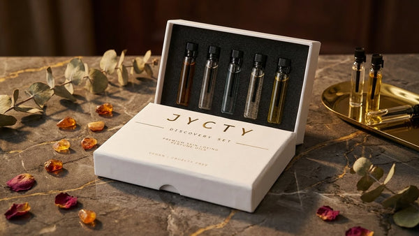 JYCTY perfume oil set with vials on a decorative surface of the most popular scents from JYCTYs vegan and cruelty free selection