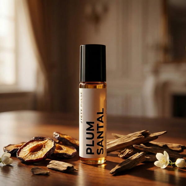Roll-on bottle labeled 'Plum Santal' on a wooden surface with dried fruits and flowers.
