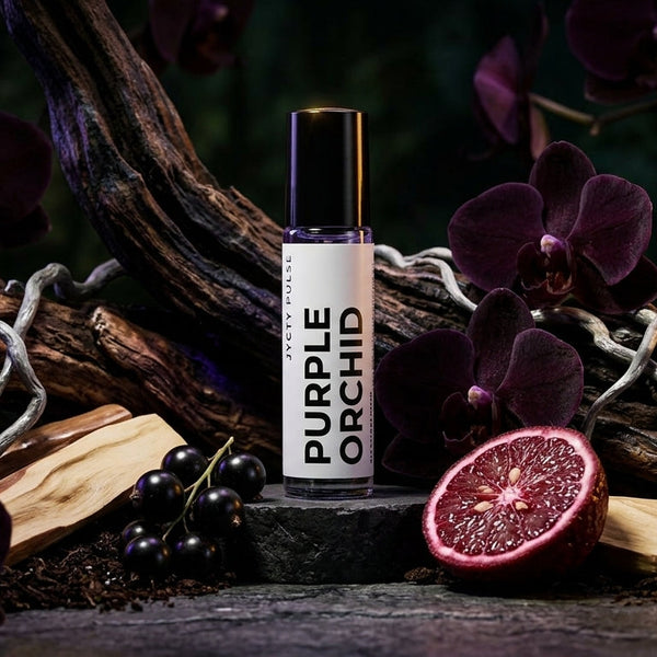 Purple Orchid perfume oil bottle surrounded by flowers and wood on a dark background