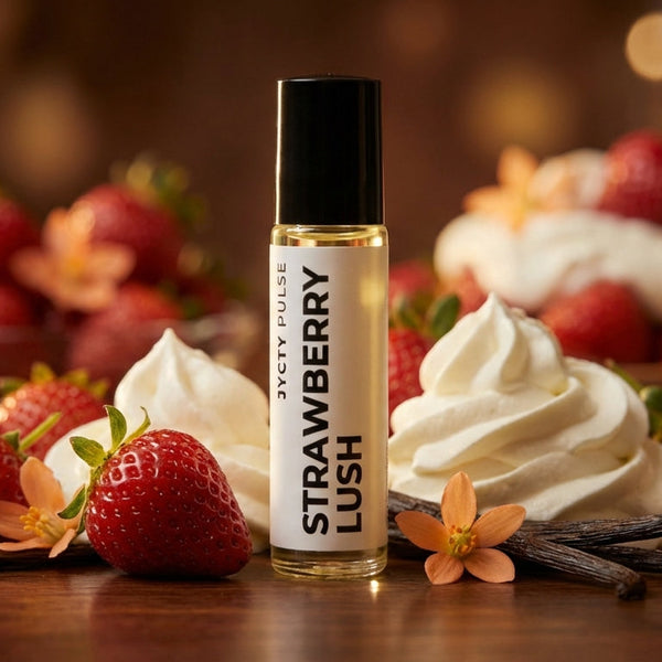 Roll-up perfume oil bottle labeled 'Strawberry Lush' surrounded by strawberries and whipped cream on a wooden surface.